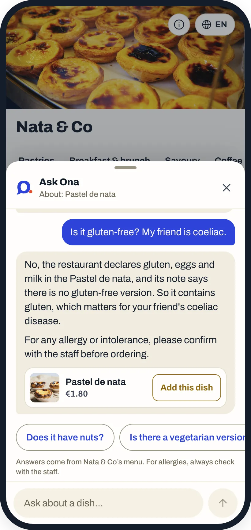 Ask Ona auf der Speisekarte beantwortet, ob der Pastel de Nata glutenfrei ist
