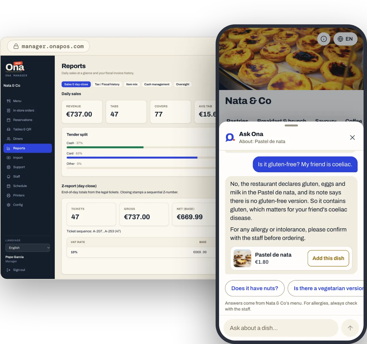 Der Tagesumsatz im Ona Manager und ein Handy, auf dem Ask Ona einem Gast erklärt, dass der Pastel de Nata Gluten enthält