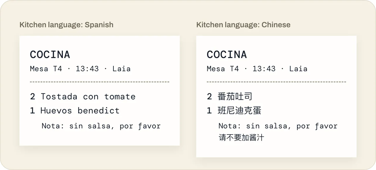 Derselbe Küchenbon, gedruckt auf Spanisch und auf Chinesisch